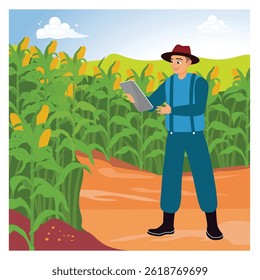 A farmer stands in a corn field. Using a tablet to analyze and monitor agricultural output. Flat vector illustration.