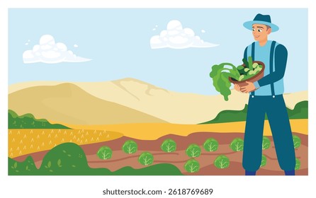 A farmer stands in a farmland. Holding a basket of freshly picked vegetables. Flat vector illustration.
