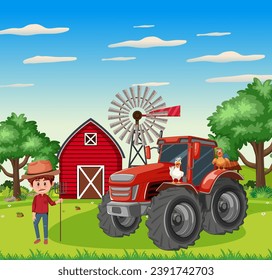 Un granjero parado frente a un tractor en el fondo de una tierra rural