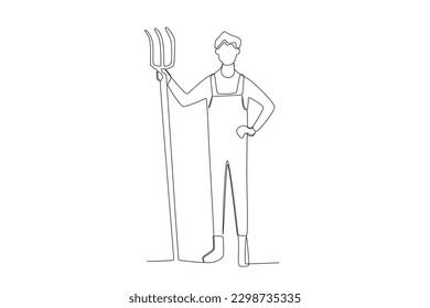 A farmer stands holding a rake. Farmer one-line drawing