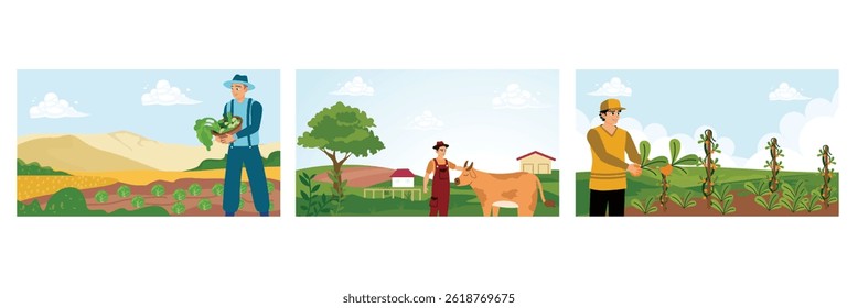 A farmer stands and holds a basket of vegetables.A cattle farmer with a cow in the pasture.Farmer picking vegetables. Set flat vector illustration.