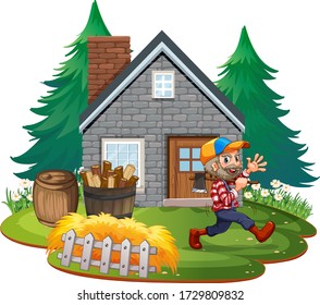Farmer at stone house illustration
