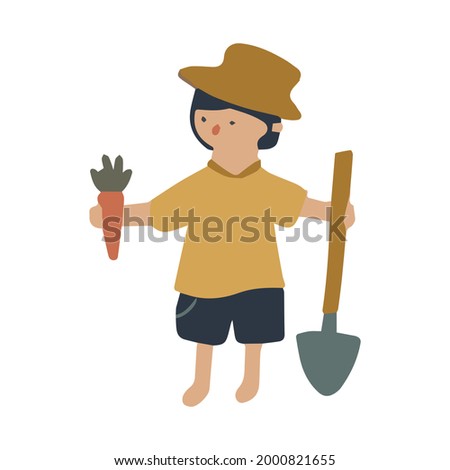 A farmer in a straw hat with a carrot in his hands and a shovel.