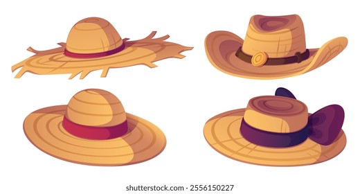 Farmer straw hat. Country summer cap cartoon icon for woman. Traditional agriculture accessory for costume. Vintage fashion element for sun protection on beach. Rural female clothing for vacation