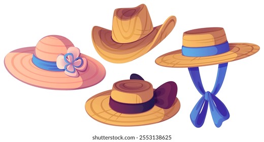 Farmer straw hat. Sun beach country cap for woman. Agriculture traditional worker clothing for man. Female fashion travel accessory with brim and bow collection. Cowboy costume symbol graphic set.