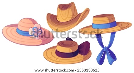 Farmer straw hat. Sun beach country cap for woman. Agriculture traditional worker clothing for man. Female fashion travel accessory with brim and bow collection. Cowboy costume symbol graphic set.