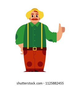 Farmer in straw hat with thumbs up isolated on white background - cute smiling male cartoon farm character with mustache showing ok gesture for eco-friendly concept in flat vector illustration.