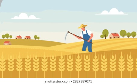 Farmer in a straw hat uses a hand scythe to harvest golden wheat stalks in a rural field under a bright sky during the summer farming season.