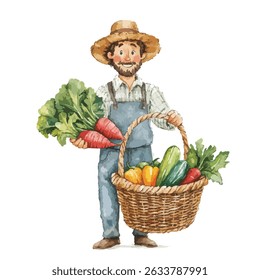 A farmer with a straw hat, wearing overalls, holds a basket of vegetables and a bunch of leafy greens and carrots.