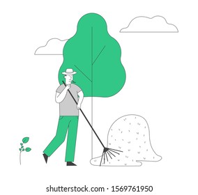 Farmer with Straw in Mouth Work at Summertime in Village or Farm. Villager Male Character Harvesting and Raking Hay in Sheaf, Agriculture Occupation, Job. Cartoon Flat Vector Illustration, Line Art