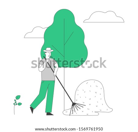 Farmer with Straw in Mouth Work at Summertime in Village or Farm. Villager Male Character Harvesting and Raking Hay in Sheaf, Agriculture Occupation, Job. Cartoon Flat Vector Illustration, Line Art
