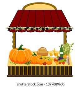 Farmer street shop. A lot of food, wine, cheese, vegetables, fruits. Old urbanstyle landscape. Flat design. Vector illustration