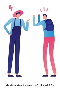 Farmer and student arguing, with the farmer complaining and the student raising hands in disagreement, highlighting the generation gap and communication problems