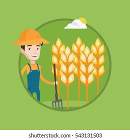 Farmer in summer hat standing with a pitchfork on the background of wheat field. Farmer working with pitchfork in wheat field. Vector flat design illustration in the circle isolated on background.