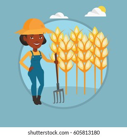 Farmer in summer hat standing with a pitchfork on the background of wheat field. Farmer working with pitchfork in wheat field. Vector flat design illustration in the circle isolated on background.