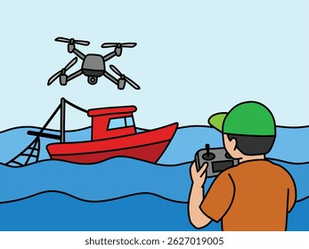 Farmer supervise monitoring scanning fishing ponds sea fish location using drone
