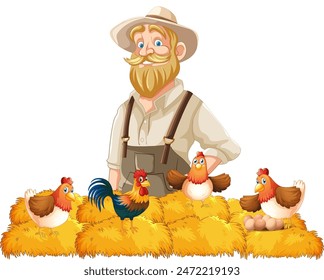 Farmer surrounded by chickens and hay