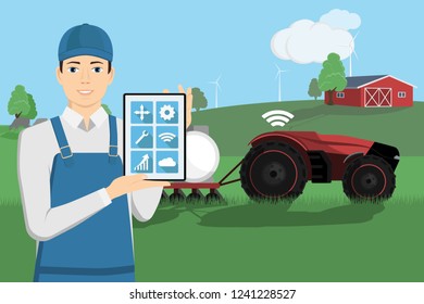 A farmer with a tablet computer controls a autonomous tractor on a smart farm. Vector illustration EPS 10
