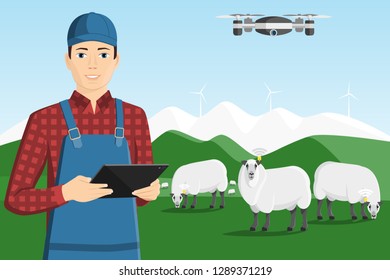 A farmer with a tablet computer and drone is grazing a herd of sheep on a smart farm. Vector illustration