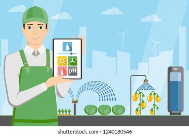 Farmer with tablet in a modern greenhouse. Internet of things in agriculture. Smart farm with wireless control. Vector illustration.
