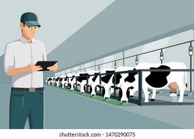 Farmer with tablet on a dairy farm. Automated milking and smart farming. Vector illustration EPS 10