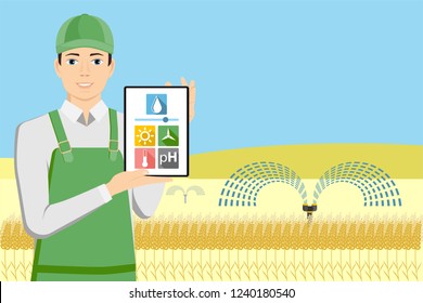 Farmer with tablet in a wheat field. Internet of things in agriculture. Smart farm with wireless control. Vector illustration.