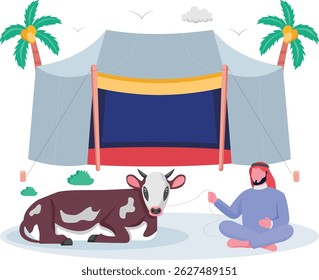 Farmer Taking care the Bull in village concept, Ready for the Blessed Days of Dhul Hijjah vector design, Eid al-Adha scene Eid-al-Kabir Hajj banner Traditional Arabic Muslim Festival illustration