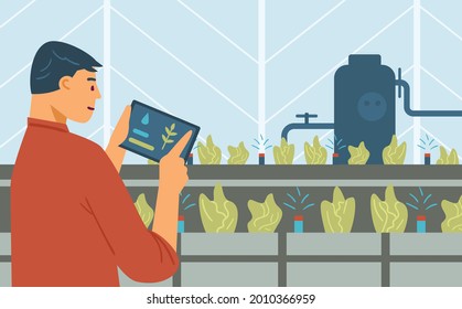Farmer taking control of plants watering system using smart farm technology, flat vector illustration. Smart farm technology in agriculture and planting.