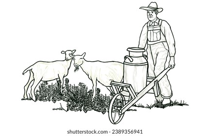 farmer taking a vat containing dairy goat's milk hand drawn vector