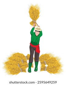Farmer is threshing rice vector design.