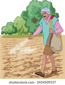 Farmer throwing pesticides in the field