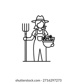 Agricultor con herramientas y cosecha