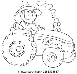 Farmer in tractor. Element for coloring page. Cartoon style.