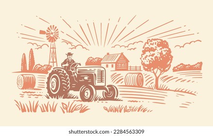 Farmer in Tractor with hay. Rural farm landscape