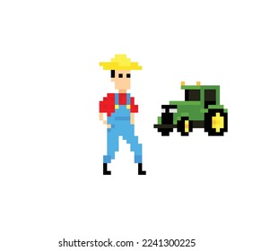 Farmer with tractor, pixel art character