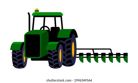 Farmer tractor plowing fields. Rural truck with seedbed cultivator. Three-quarter projection. Isolated agricultural machinery. Vector illustration on white background. 