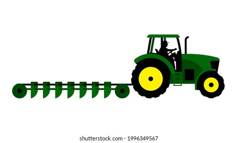 Farmer tractor plowing fields. Rural truck with seedbed cultivator. Side projection. Isolated agricultural machinery. Vector illustration on white background. 