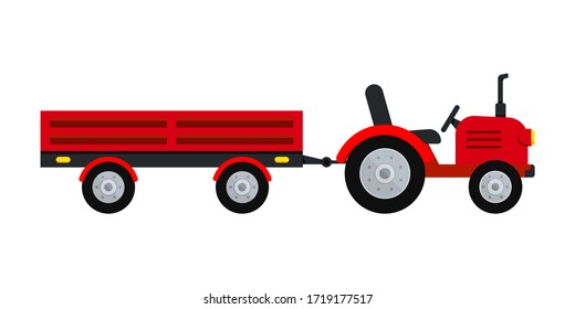 Farmer tractor with trailer icon isolated on white background. Red small wheel tractor pulling open trailer. Flat design cartoon style agricultural machine for field work vector illustration.