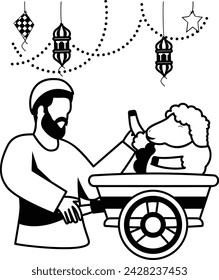 Farmer Transporting goats home or to market vector design, Eid al-Azha Eid ul Kabir Symbol, Hajj Sign, Muslims religious Festival Stock illustration, rancher bringing his goat on Wheel Crate concept
