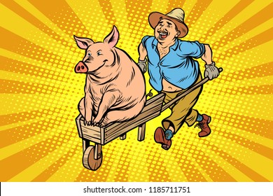 A farmer is transporting a pig on a wooden wheelbarrow. Chinese new year symbol. Comic cartoon pop art retro vector illustration