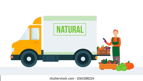 Farmer and truck with fresh natural vegetables.Flat vector Illus