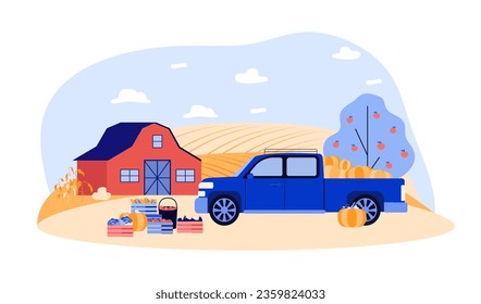 Farmer truck loaded with pumpkins vector illustration. Farm landscape with crop fields, apple trees, barn and ripe fruits and vegetables. Thanksgiving, harvest, autumn concept