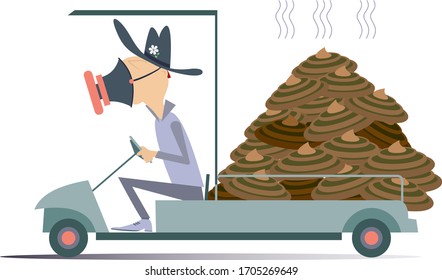 Farmer, truck and organic manure illustration. Funny man in the gas mask drives a truck with a big knot of dung isolated on white
