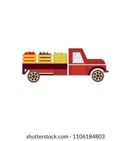 Farmer Truck With Wooden Boxes With Harvest Vegetables Delivering Food To Market. Vintage Car, Pickup With Agricultural Healthy And Natural Products. Vector Flat Isolated Illustration