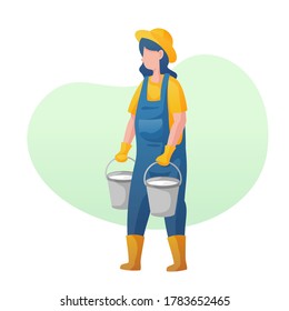 Farmer with Two Milk Cans in flat design. Women Gardener. Vector illustration.