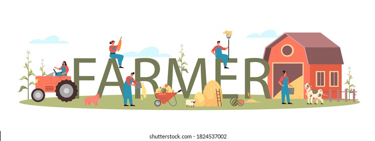 Farmer typographic header. Farm worker on the field, watering plants and feeding animals. Summer countryside view, agriculture concept. Living in the village. Isolated flat illustration