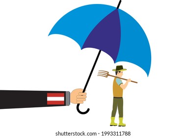 A farmer under a blue umbrella vector flat illustration. A hand of state holding a blue umbrella to supports and save farmers. Austria government protection concept for farmers 