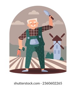 Farmer in uniform holding instrument and working on field. Harvesting carrots on field. Male working with instrument outside. Flat vector illustration in brown and green colors