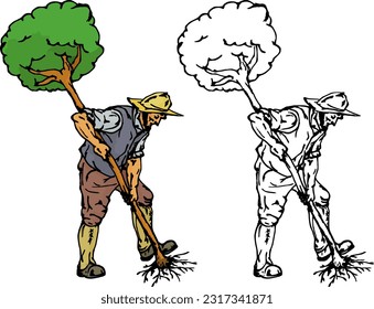 Farmer uproot a tree with his barehand, isolated against white. Hand drawn vector illustration.