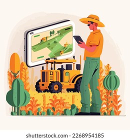 Farmer uses AI or Artificial Intelligence for agriculture monitoring. Flat style vector illustration. Human interaction with a neural network concept